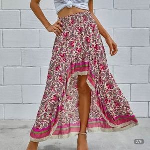 Red Printed Hi-Low Maxi Skirt